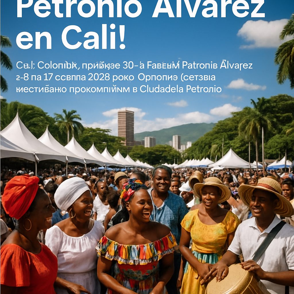 Persone festeggiano al festival Petronio Álvarez, vestite in abiti tradizionali sotto tende bianche.