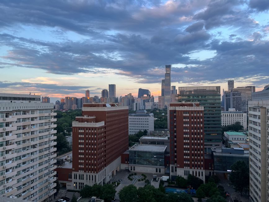 Die Skyline zeigt moderne Wolkenkratzer und grüne Flächen in der Stadt.