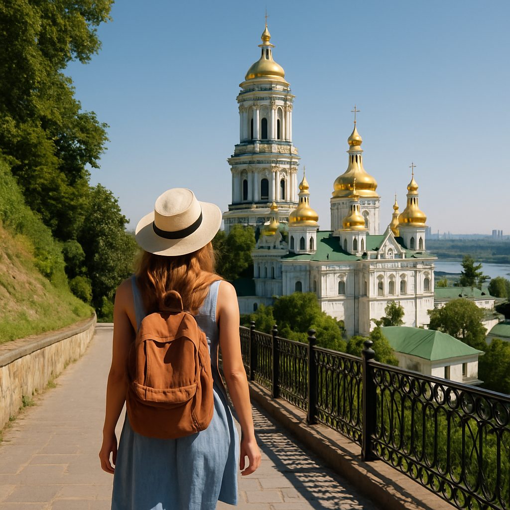 Жінка з рюкзаком прогулюється вздовж алеї біля церкви з золотими куполами.