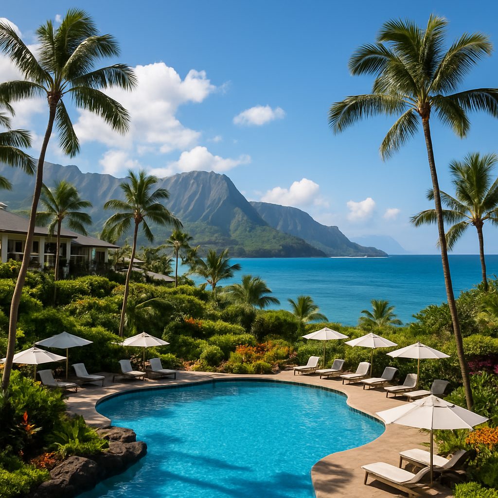 A tropical resort features a swimming pool surrounded by palm trees with mountains and ocean in the background.