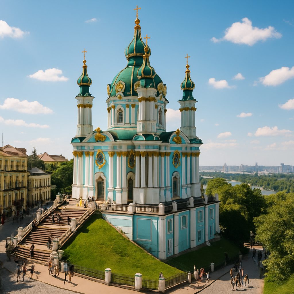 На фото видно Андріївську церкву з її характерними зеленими куполами та золотими хрестами.