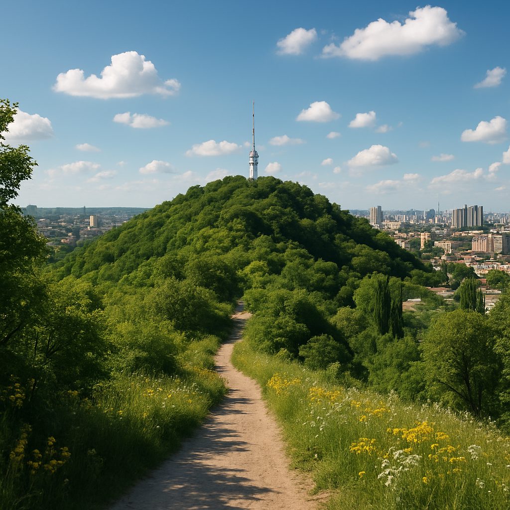 A green hill with a television tower at the top is visible on Shchekavitsa.