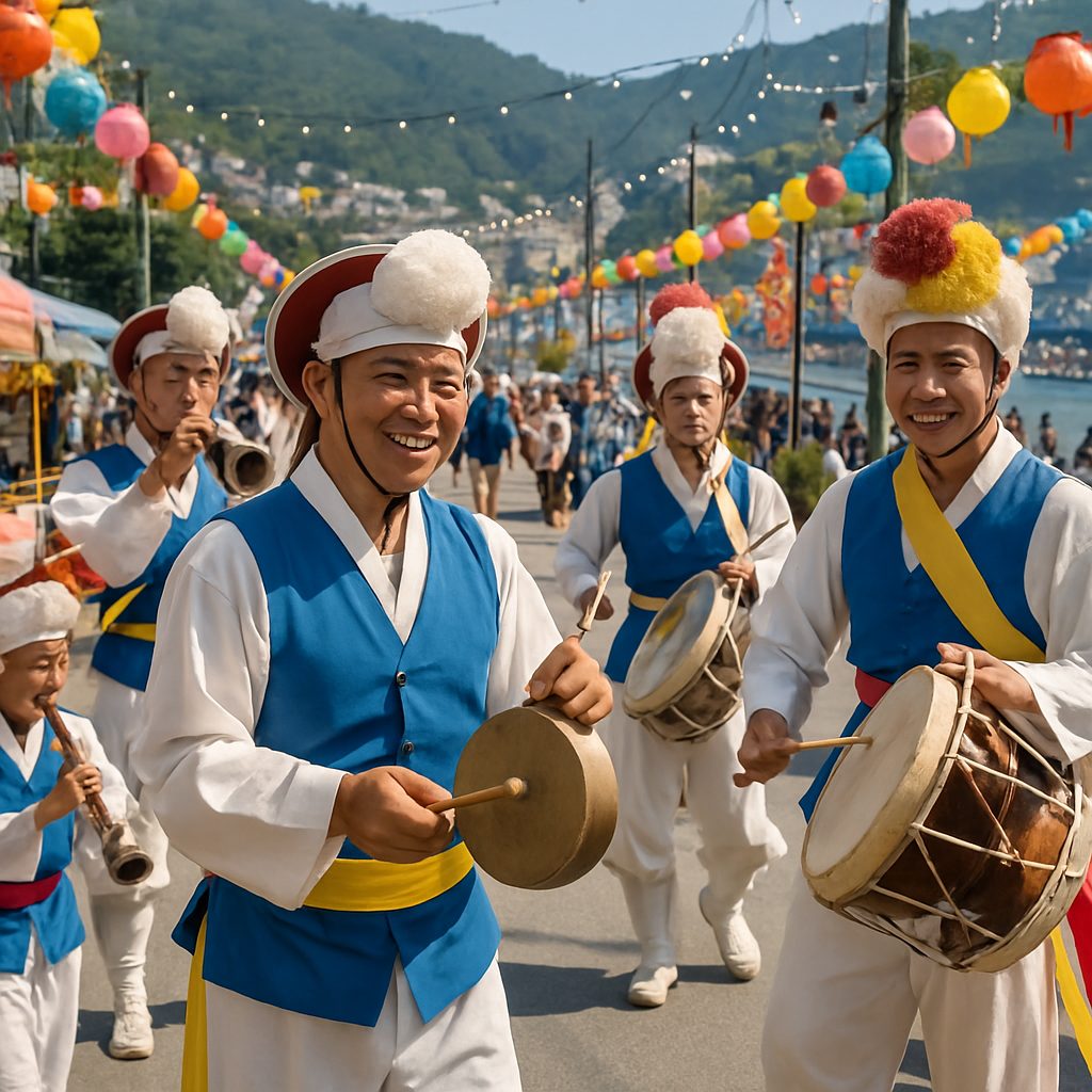 Un groupe de musiciens en tenue traditionnelle joue de la musique dans la rue sous des décorations colorées.