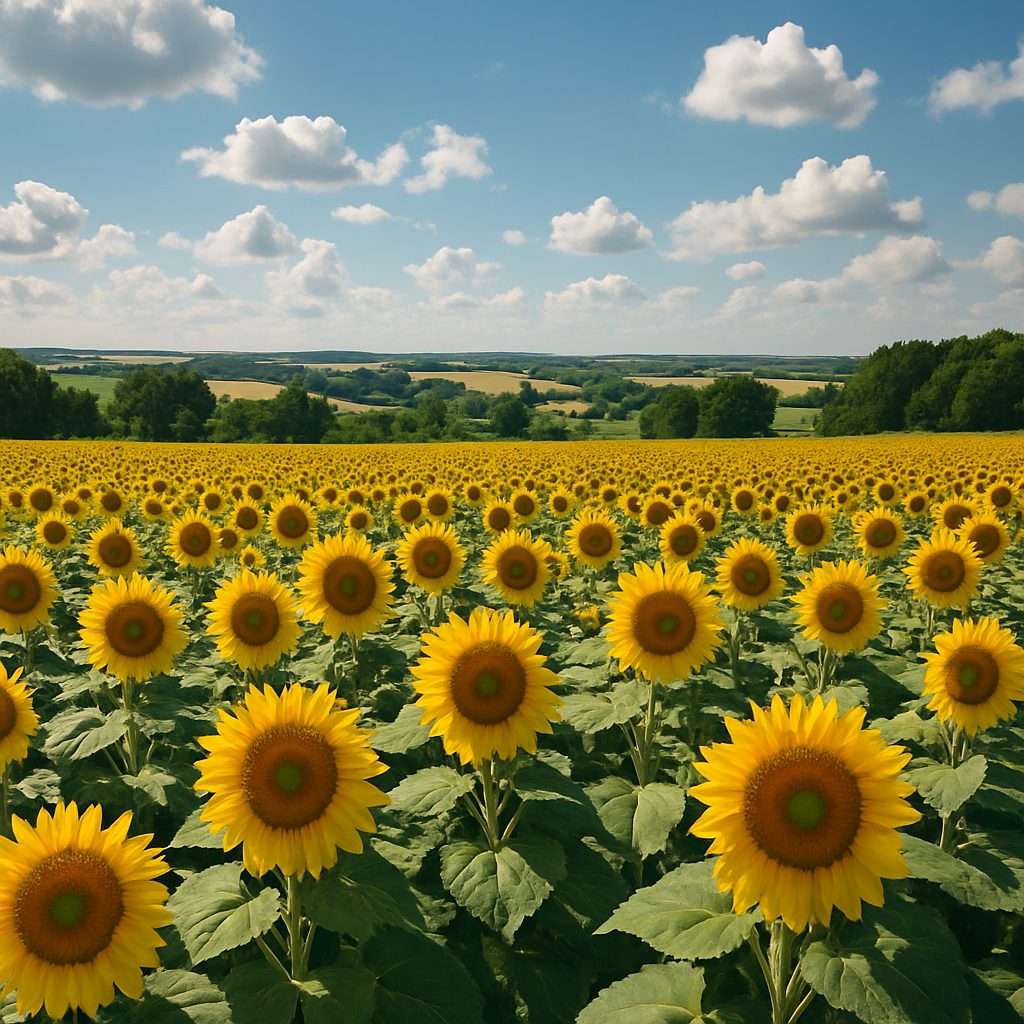 Un champ de tournesols s'étend sous un ciel bleu clair.