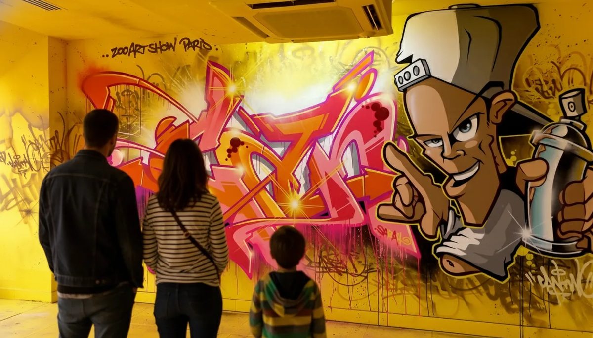 Une fresque murale colorée montre un personnage avec une casquette et une bombe de peinture sur un mur jaune.
