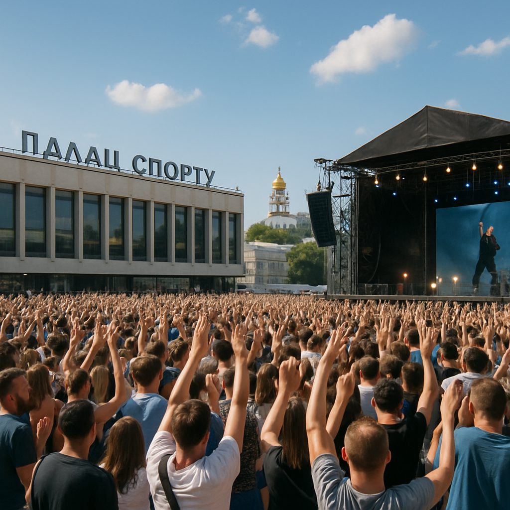 На концерті в Києві тисячі людей піднімають руки в ритмі музики.