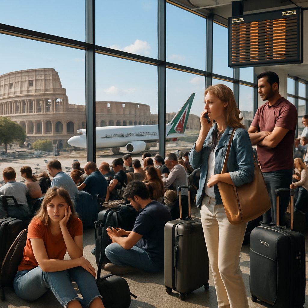 I passeggeri aspettano in aeroporto, con il Colosseo visibile sullo sfondo.