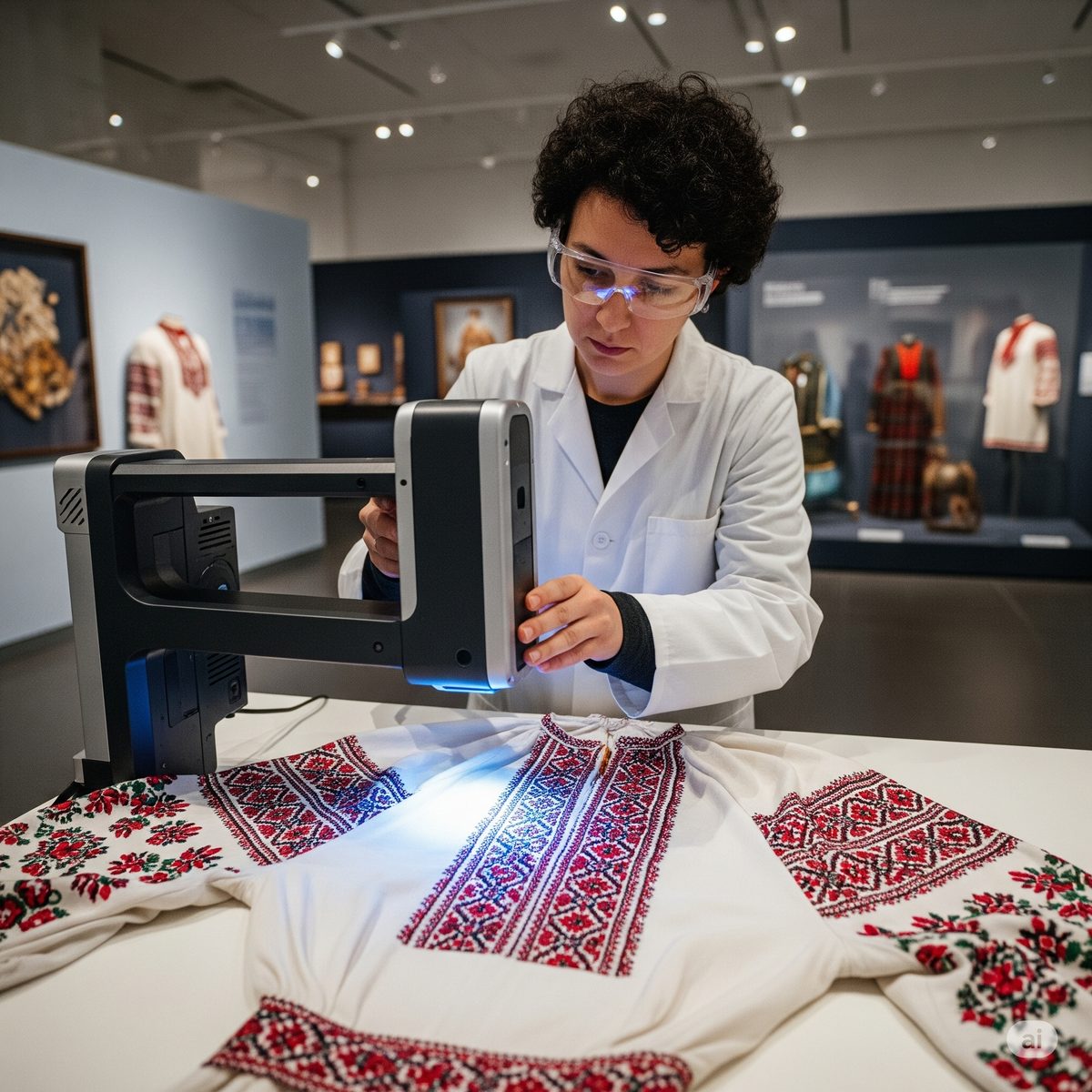 A specialist examines an embroidered shirt under special lighting in the museum.