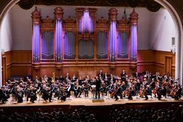 La sala da concerto è piena di un'orchestra che si esibisce sul palco di fronte a un pubblico affascinato.