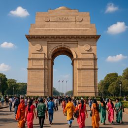 Persone passeggiano sotto l'India Gate a Nuova Delhi.