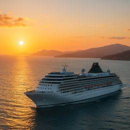 Una nave da crociera naviga su acque calme con uno splendido tramonto sullo sfondo.