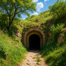 Замурований вхід до підземелля оточений зеленню та деревами.