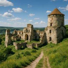L'immagine mostra le rovine di un'antica fortezza su una collina verde.