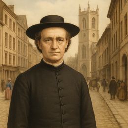 Un hombre con ropa negra y un sombrero está de pie en la calle, con arquitectura histórica al fondo.