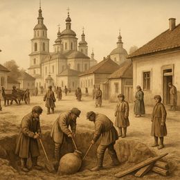 На зображенні видно людей, які працюють на розкопках у старовинному місті.
