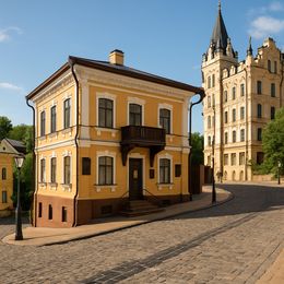 На вулиці видно жовтий будинок з балконом та історичну будівлю на задньому плані.